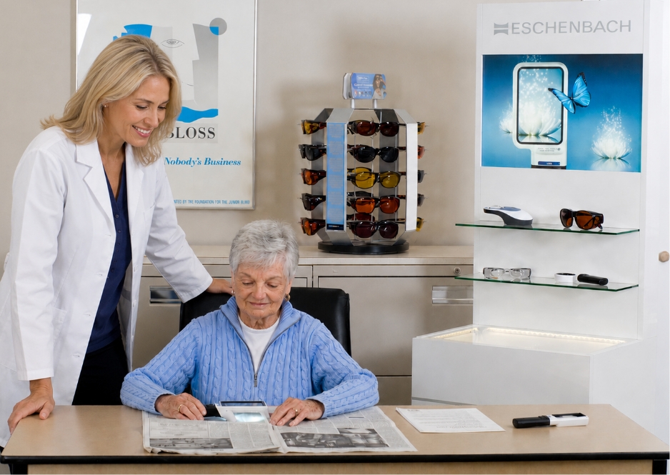 Low Vision Provider Helping Patient with Magnifier